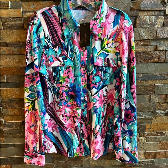 BCBG MAXAZARIA Vibrant Floral Long Sleeve Shirt LG - Picture 3 of 9